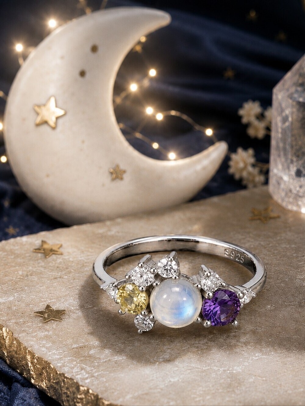 925 Sterling Silver Genuine Moonstone Celestial Multi Stone Cluster Ring Size 10